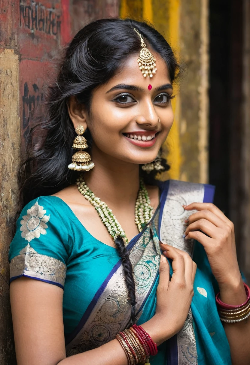 Create an AI influencer named Priya, a 25-year-old Indian woman with a blend of traditional and modern style. Priya has a dusky complexion, expressive dark eyes, and long, wavy black hair. She wears a vibrant silk saree paired with silver jhumkas (traditional earrings) and a bindi on her forehead. Describe her confident smile, the intricate henna patterns on her hands, and the scent of jasmine in her hair. Place Priya against the backdrop of a bustling Mumbai street, with colorful rickshaws and street vendors. Ensure her pose reflects both elegance and approachabilit
