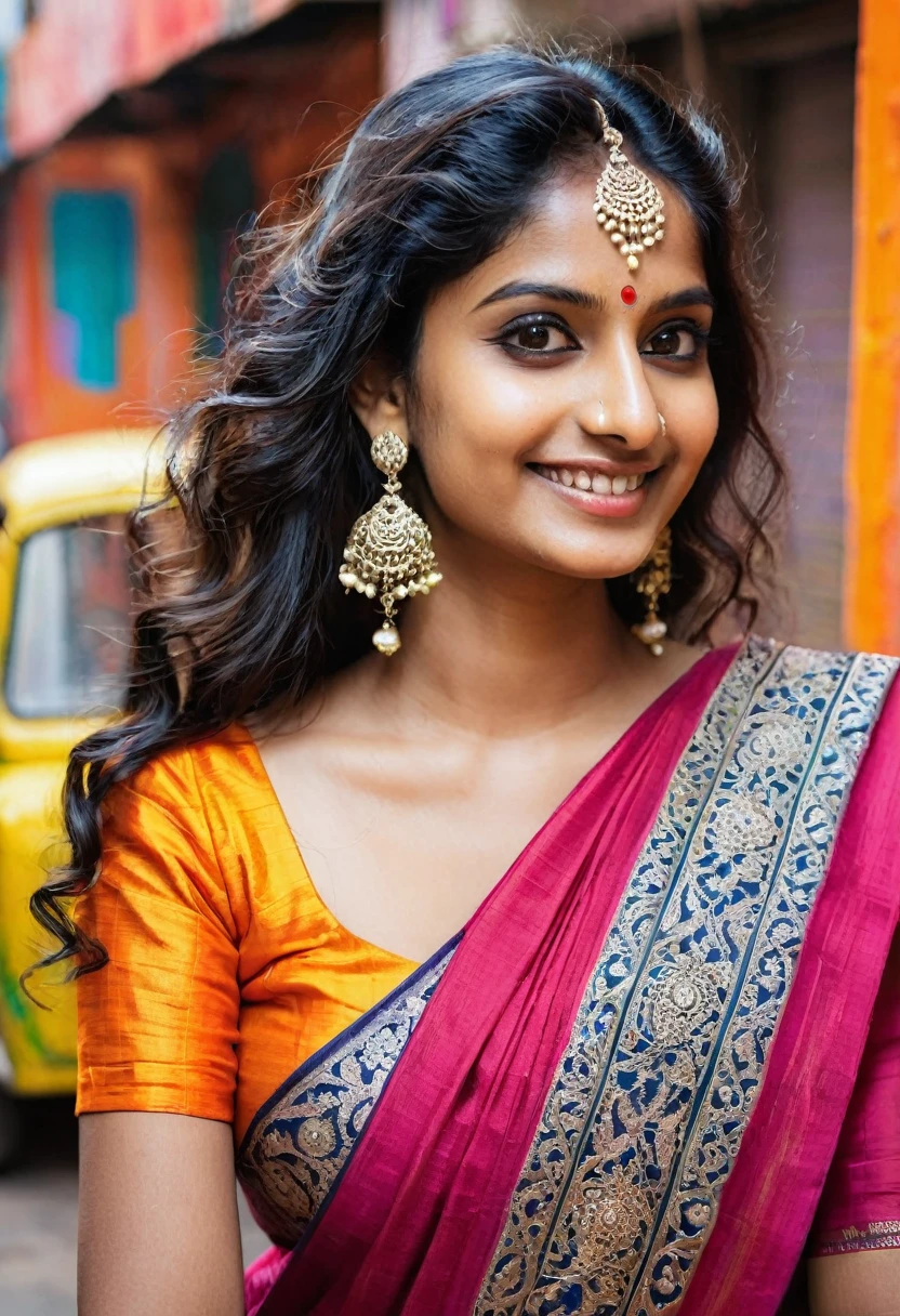Create an AI influencer named Priya, a 25-year-old Indian woman with a blend of traditional and modern style. Priya has a dusky complexion, expressive dark eyes, and long, wavy black hair. She wears a vibrant silk saree paired with silver jhumkas (traditional earrings) and a bindi on her forehead. Describe her confident smile, the intricate henna patterns on her hands, and the scent of jasmine in her hair. Place Priya against the backdrop of a bustling Mumbai street, with colorful rickshaws and street vendors. Ensure her pose reflects both elegance and approachabilit