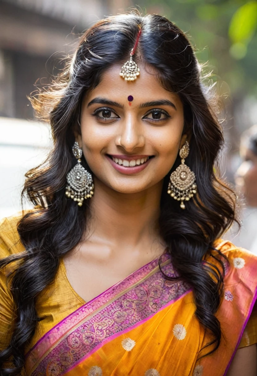 Create an AI influencer named Priya, a 25-year-old Indian woman with a blend of traditional and modern style. Priya has a dusky complexion, expressive dark eyes, and long, wavy black hair. She wears a vibrant silk saree paired with silver jhumkas (traditional earrings) and a bindi on her forehead. Describe her confident smile, the intricate henna patterns on her hands, and the scent of jasmine in her hair. Place Priya against the backdrop of a bustling Mumbai street, with colorful rickshaws and street vendors. Ensure her pose reflects both elegance and approachabilit