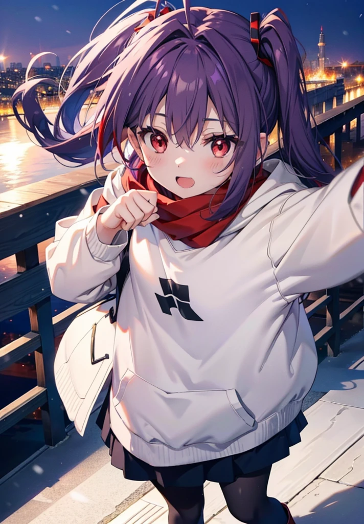 yuukikonno, Konno Yuuki, Long Hair, Pointed Ears, Purple Hair, (Red eyes:1.5), (Small breasts:1.2), Open your mouth,happy smile, smile, Open your mouth,hair band,low twin tail,Red Scarf,Oversized purple hoodie,Long skirt,Black pantyhose,short boots,He has his hands in his hoodie pockets.,snowが降っている,snowが降り積もっている,snow,snow,snow,snow,winter,Cold night,Walking,whole bodyがイラストに入るように,Looking down from above,
break looking at viewer, whole body,
break outdoors, In town,
break (masterpiece:1.2), Highest quality, High resolution, unity 8k wallpaper, (figure:0.8), (Beautiful attention to detail:1.6), Highly detailed face, Perfect lighting, Highly detailed CG, (Perfect hands, Perfect Anatomy),