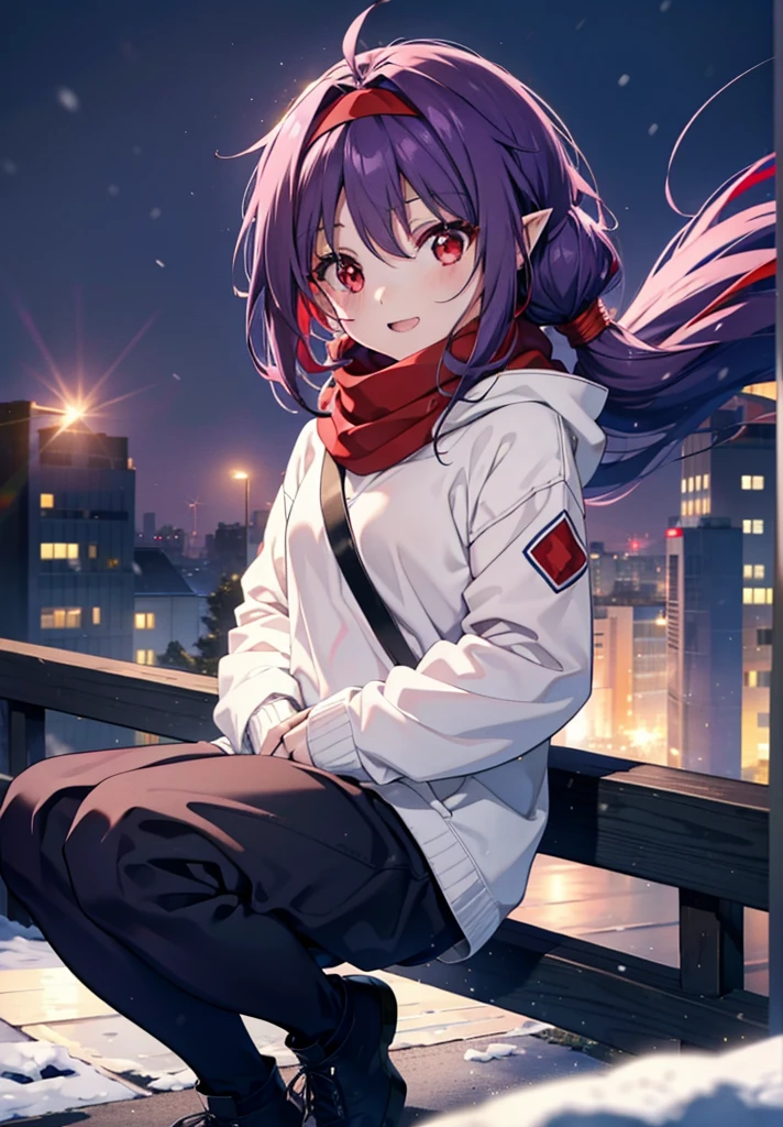 yuukikonno, Konno Yuuki, Long Hair, Pointed Ears, Purple Hair, (Red eyes:1.5), (Small breasts:1.2), Open your mouth,happy smile, smile, Open your mouth,hair band,low twin tail,Red Scarf,Oversized purple hoodie,Long skirt,Black pantyhose,short boots,He has his hands in his hoodie pockets.,snowが降っている,snowが降り積もっている,snow,snow,snow,snow,winter,Cold night,Walking,whole bodyがイラストに入るように,Looking down from above,
break looking at viewer, whole body,
break outdoors, In town,
break (masterpiece:1.2), Highest quality, High resolution, unity 8k wallpaper, (figure:0.8), (Beautiful attention to detail:1.6), Highly detailed face, Perfect lighting, Highly detailed CG, (Perfect hands, Perfect Anatomy),