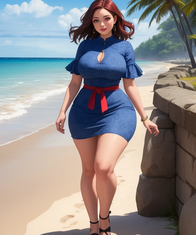 (best quality), (masterpiece), 1 girl, early 20's, huge heavy breasts, busty, massive breasts, thick, thick lips, wide hips, thin waist, wearing blue sundress with floral pattern, walking on beach