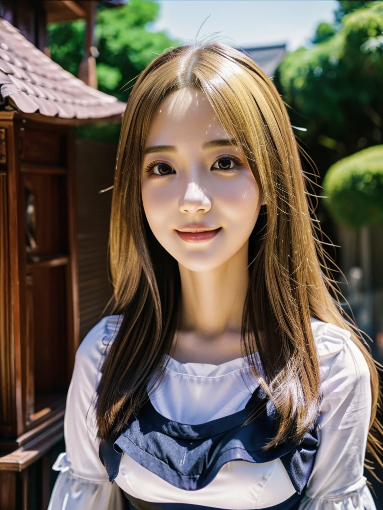 18 year old beautiful girl, big eyes, large breasts, and slender, 8K, top quality, (very detailed head: 1.0), (very detailed face: 1.0), (very detailed hair: 1.0), maid clothes, very detailed official artwork, anime moe art style, clean detailed anime art, smile, golden hair, smooth long hair