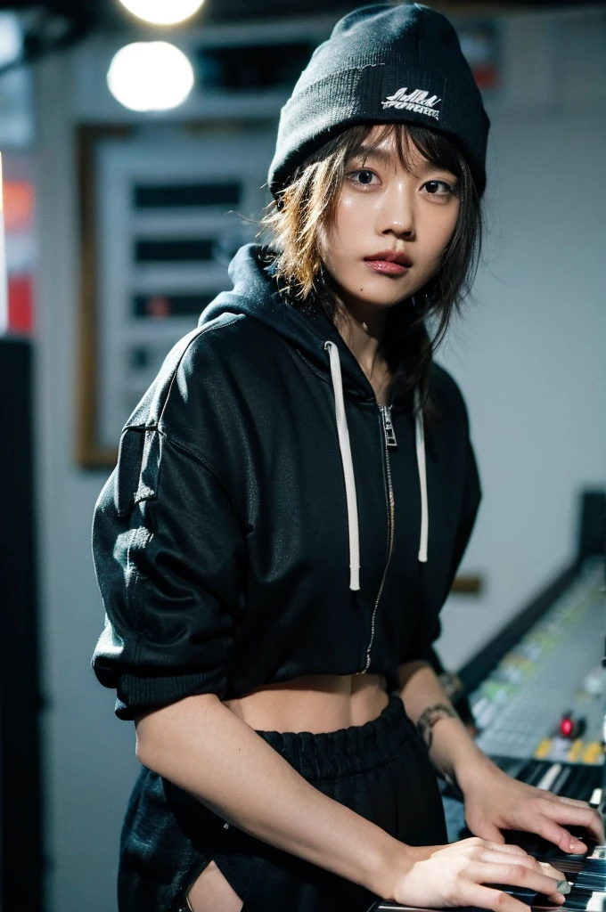 modern day rapper wearing alternative style clothing with a Beanie and zip up hoodie inside of a Music studio recording a song