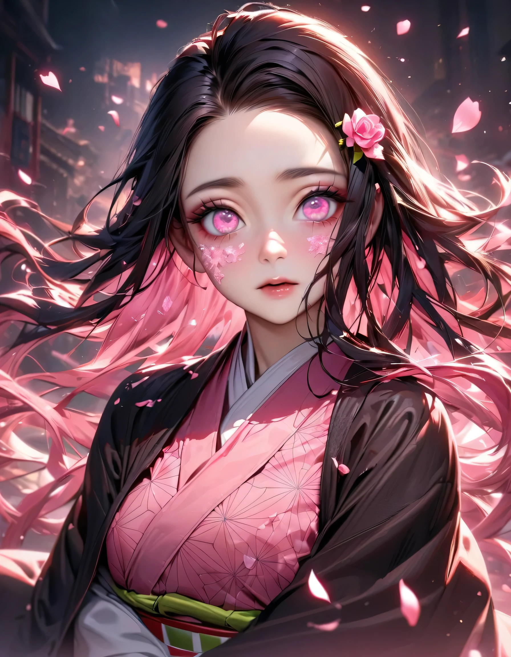 absurdres, highres, ultra detailed, HDR, masterpiece, best quality, extremely detailed face and eyes, perfect face, realistic face, beautiful eyes, Nezuko Kamado, black hair, expressive pink eyes, Kimetsu No Yaiba, solo, woman, beautiful, pink ice butterflies, pink ice, pink ice roses, pink ice petals