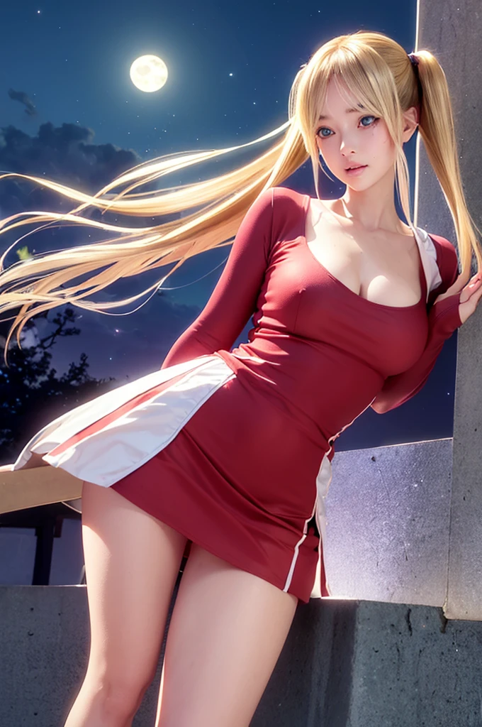 (masterpiece:1.3, Highest quality, Ultra-high resolution, Very detailed), (Realistic, photoRealistic:1.4), Beautiful illustrations, Perfect lighting, Natural light, colorful, Written boundary depth, NFSW, View your audience, 1 girl, Japanese, high school girl, Perfect Face, Cute and symmetrical face, Glowing Skin, (Twin tails:1.5, blonde), blue eyes, (Small breasts, seductive thighs, ), and, Beautiful Hair, Beautiful Face, Beautiful attention to detail, Beautiful clavicle, Beautiful body, Beautiful breasts, Beautiful thighs, Beautiful legs, Beautiful fingers, (Beautiful views), (a pose that opens the legs), (Captivating smile,), (school uniform),(loose socks) (Beautiful Fine Eyes, ,The girl has a toned figure., Intricate details,Closely、Embarrassed expression、blush、Shining Sweat、Perfect Skin,Sweat is noticeable in the cleavage、Sweating on thighs is noticeable、 Fair skin,Tight waist, Sweating profusely、Sweaty hair、Sweaty clothes、Sweaty、Visible sweat、Sweat-soaked hair、Athlete System、Cherry blossoms fluttering down、Silver Hair、Night cityscape。Reflection of light、moonlight