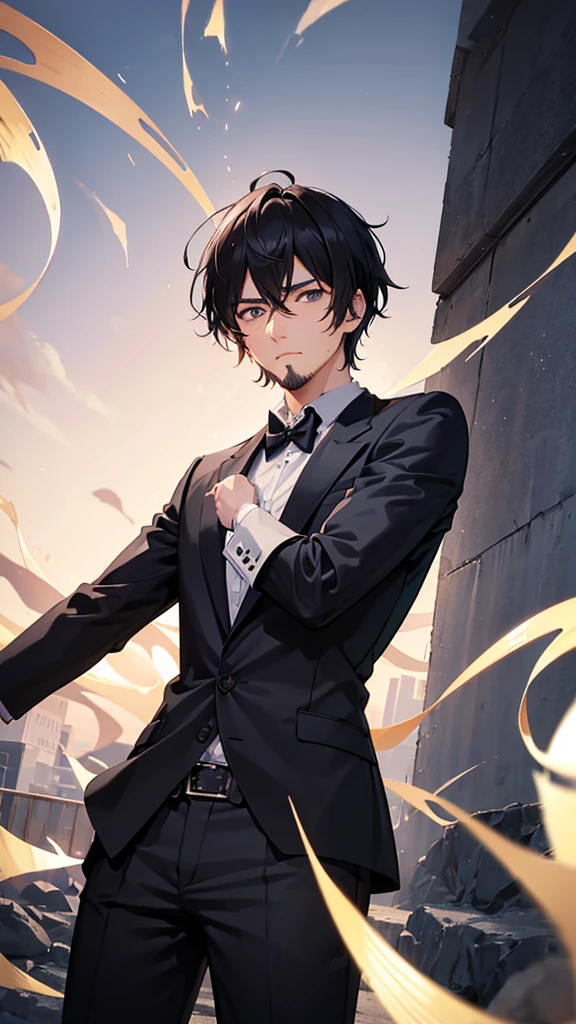 male、30 years old、less beard、Tired face、Glaring eyes、Long bangs、7:3 parting、Shot from the thigh up、Are standing、looking at the camera、Black suit、Businessman、Plain background