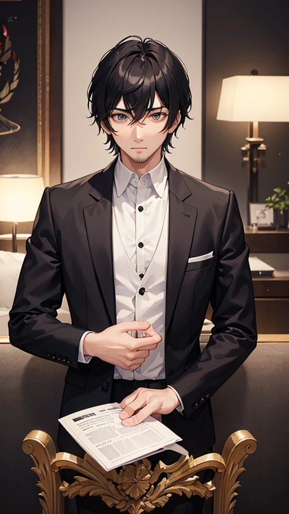 male、30 years old、less beard、Tired face、Glaring eyes、Long bangs、7:3 parting、Shot from the thigh up、Are standing、looking at the camera、Black suit、Businessman、Plain background