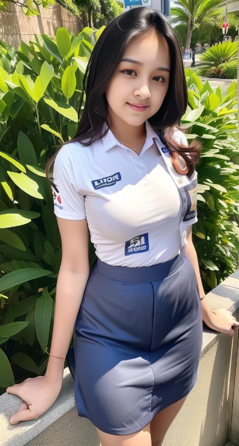 1girl, (uniform), standing, outdoors, curvy, tall, detailed face, detailed eyes, thick breasts, shiny skin, tight shirt, grey blue short skirt, looking at the audience, low angle shot,(8k, RAW photo, best quality, masterpiece: 1.2), (realistic, realistic: 1.37), ultra-high resolution