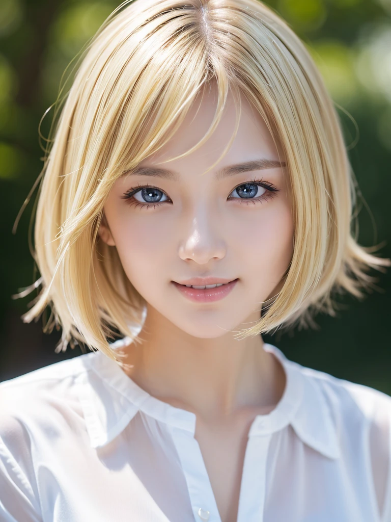 (photograph:1.2)、(Realistic:1.4)、(masterpiece:1.3)、(Highest quality:1.4)、超High resolution、(Detailed eyes)、(Detailed facial features)、(Detailed clothing features)、8k resolution、Focus Only、prohibit、double eyelid、Japanese, (One Girl), Beautiful Face, (Lively Faces), (blonde, short hair:1.3), Beautiful Hairstyles, Realistic eyes, Beautiful Eyes, (Realistic Skin), Beautiful Skin, Charm, 超High resolution, Surreal, High resolution, View your viewers,Laughter,Open white shirt,Are standing、It feels like me'Me looking down、