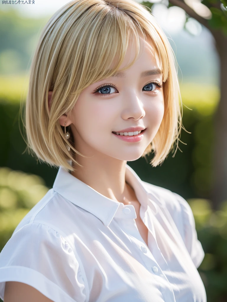 (超A high resolution、Photorealsitic、realisitic、top-quality、Photorealsitic)、(in 8K、top-quality、masterpiece)、(auto white balance)、Technical sense、finely detail、extremely delicate and beautiful、foco nítido、Rich background、(realperson、a picture)、(((High Detail Skin)))、(kawaii girl、Lori、18year old、college aged、a blond)、(((Short Bob Hair、Bangs)))、(a smile)、((Fashionable、white shirt、long-sleeve))、(full bodyesbian、The perspective of the human eye)