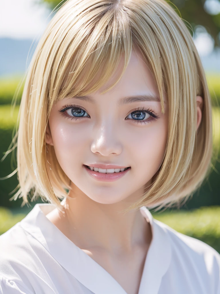 (photograph:1.2)、(Realistic:1.4)、(masterpiece:1.3)、(Highest quality:1.4)、超High resolution、(Detailed eyes)、(Detailed facial features)、(Detailed clothing features)、8k resolution、Focus Only、prohibit、double eyelid、Japanese, (One Girl), Beautiful Face, (Lively Faces), (blonde, short hair:1.3), Beautiful Hairstyles, Realistic eyes, Beautiful Eyes, (Realistic Skin), Beautiful Skin, Charm, 超High resolution, Surreal, High resolution, View your viewers,Laughter,Open white shirt,Are standing、It feels like me&#39;Me looking down、