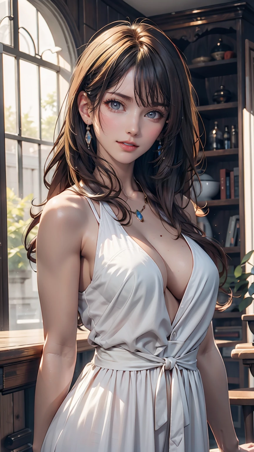do, Highest quality,In-person audience, Upper Body、young woman,Greek Goddess Attitude, Melon seed face, ((Narrow eyes)), Mole under the eye,Brown eyeball, Thin lips, Blonde, Very long hair, Laugh with your mouth closed,24-years-old, self-portrait, Simple Background,White Dress、Sexy proportions、Narrow waist