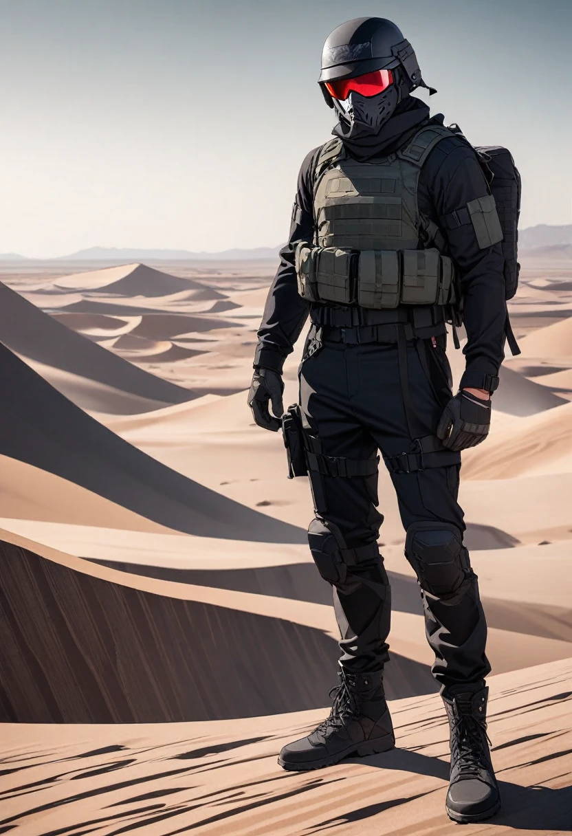 Modern male soldier, solo, black armor, black helmet and mask, black long boots, desert, black clothes, thin waist, black accessories, black everything, red glasses