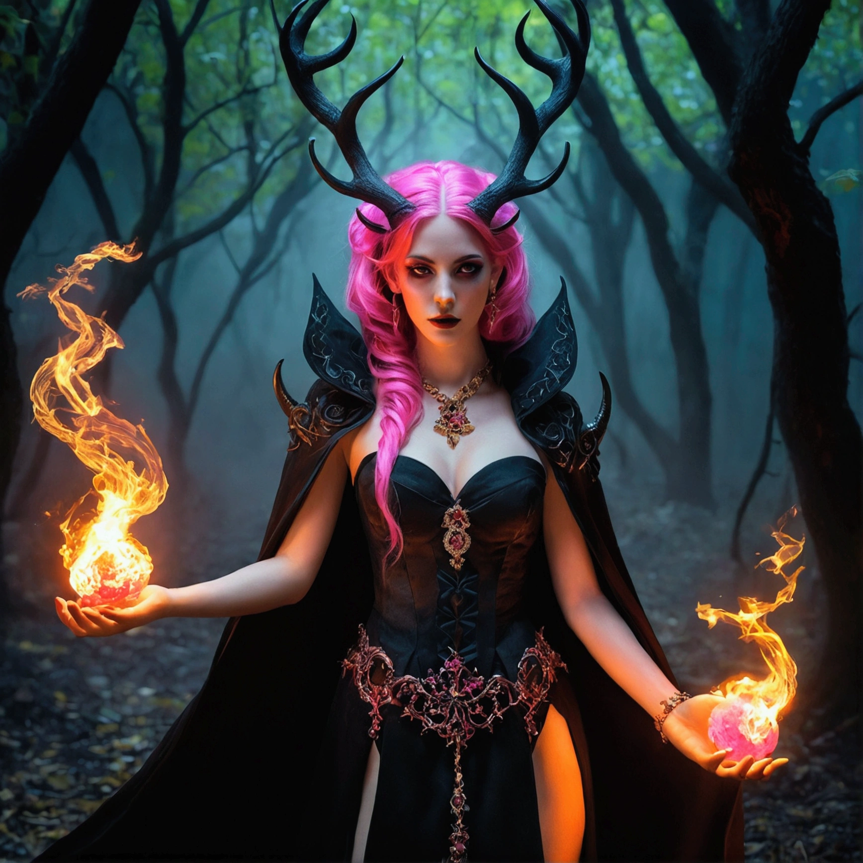 (a demonic woman with pink hair,spells:1.1,Ablaze:1.1)(illustration)(best qualityer,ultra detali,realisitic:1.37),demonic witch(demonic:1.1)(magie:1.1)(forst)(Dark and mysterious,sinister atmosphere),casting powerful spells,creating magieal energy(magie:1.1),vibrant pink hair(swirling pink hair)(flowing pink hair),antlers(devil antlers:1.1),piercing red eyes,enchanted scepter(magieal scepter),elaborate dark cloak,Ablaze magieal sigils,burning embers spinning(magieal embers:1.1)(Ablaze embers),magieal aura(Ablaze aura),mysterious shadows,otherworldly Presence(Presence),sinister grin,dusk in the background(dark evening:1.1)(moonlit forst),lush, dense foliage(twisted trees)(Mystical Plants:1.1),Mystic Particles(swirling particles)(floating particles),ethereal glow(ethereal:1.1)(soft glow),the faint moonlight breaking through the trees,haunting and captivating(spooky ambiance),enchanting beauty,ampla gama de cores(bright coloured)(contrasting colours),Mystical Kingdom,impressive details,dynamic composition,mesmerizing works of art,photorealisitic style(picasso style),Impressive shading and lighting,explosive energy,magieal atmosphere(fantasy atmosphere),dreamy scene
