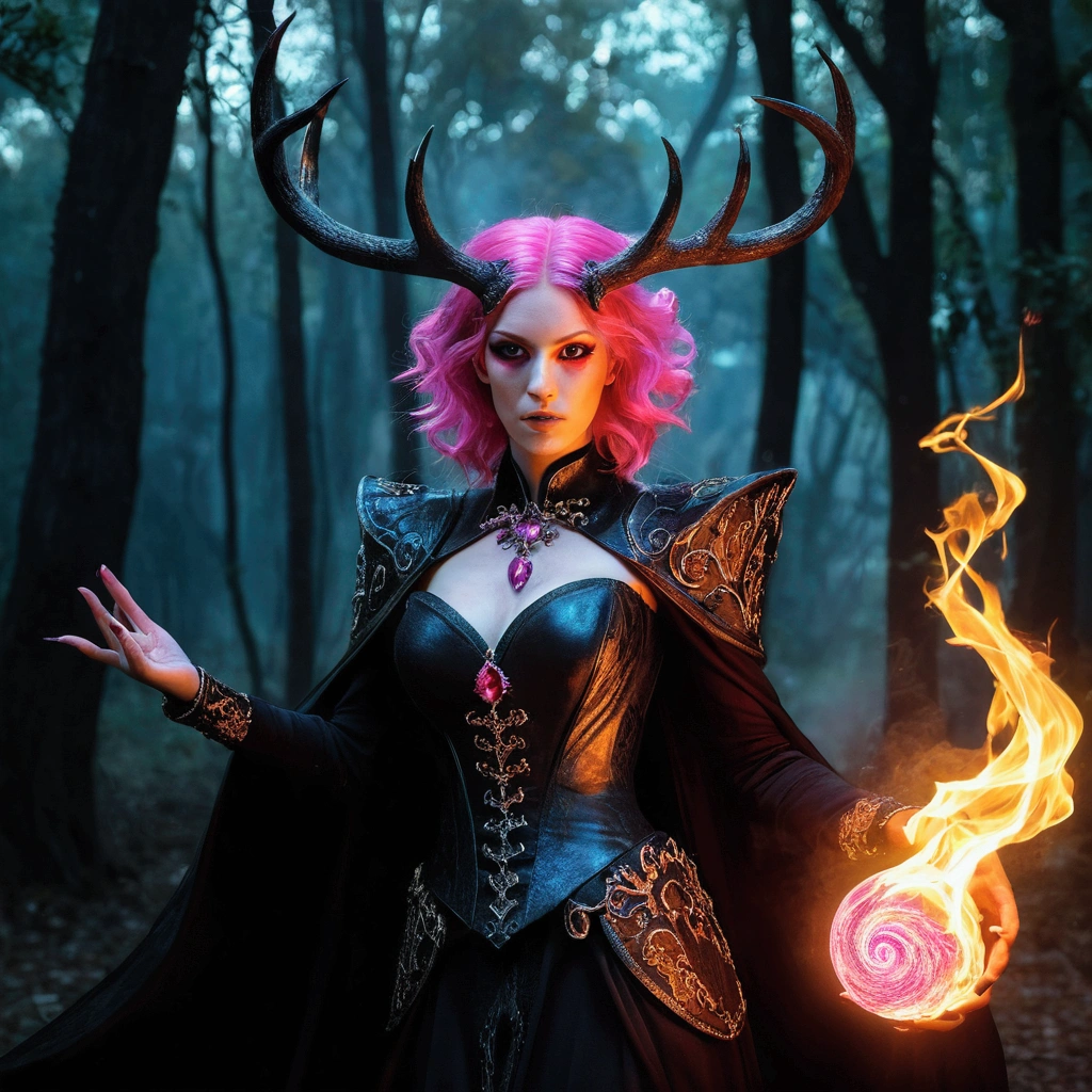 (a demonic woman with pink hair,spells:1.1,Ablaze:1.1)(illustration)(best qualityer,ultra detali,realisitic:1.37),demonic witch(demonic:1.1)(magie:1.1)(forst)(Dark and mysterious,sinister atmosphere),casting powerful spells,creating magieal energy(magie:1.1),vibrant pink hair(swirling pink hair)(flowing pink hair),antlers(devil antlers:1.1),piercing red eyes,enchanted scepter(magieal scepter),elaborate dark cloak,Ablaze magieal sigils,burning embers spinning(magieal embers:1.1)(Ablaze embers),magieal aura(Ablaze aura),mysterious shadows,otherworldly Presence(Presence),sinister grin,dusk in the background(dark evening:1.1)(moonlit forst),lush, dense foliage(twisted trees)(Mystical Plants:1.1),Mystic Particles(swirling particles)(floating particles),ethereal glow(ethereal:1.1)(soft glow),the faint moonlight breaking through the trees,haunting and captivating(spooky ambiance),enchanting beauty,ampla gama de cores(bright coloured)(contrasting colours),Mystical Kingdom,impressive details,dynamic composition,mesmerizing works of art,photorealisitic style(picasso style),Impressive shading and lighting,explosive energy,magieal atmosphere(fantasy atmosphere),dreamy scene