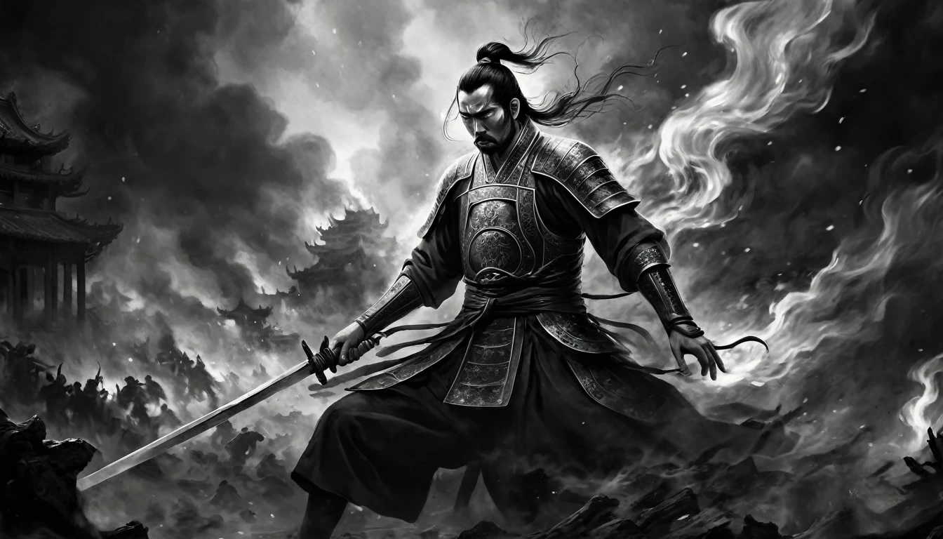 Anime style, High contrast, black and white, dramatic scene: Ancient Chinese palace engulfed in flames. Liu XuanTian, wounded, gripping his sword, faces Lao with cold determination."