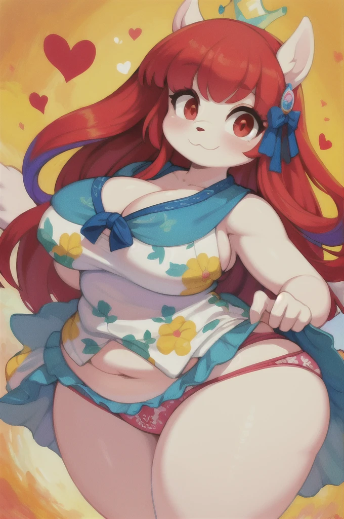 uploaded on e621, questionable content, an extremely talented impressionist painting of a white pony furry fluffy anthro maiden, cleavage, busty, curvy, big breasts, soft, squishy, pudgy, belly, (colorful dress), sexy legs, red eyes, red hair, princess pose, ((showing butt)), (big printed panties)