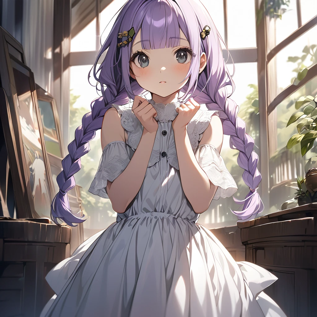(Cute a girl:1.5), (a girl with closs hair pin, pale purple hair, wavy two braids, blunt bangs hair, green and black eyes:1.4), anime visual, (tilt head:1.3), realistic lighting and shading, (an extremely delicate and beautiful art:1.3), (from front:1.1),The girl puts both hands on her head and poses with three fingers up, cowboy shot.