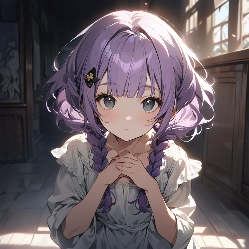 (Cute a girl:1.5), (a girl with closs hair pin, pale purple hair, wavy two braids, blunt bangs hair, green and black eyes:1.4), anime visual, (tilt head:1.3), realistic lighting and shading, (an extremely delicate and beautiful art:1.3), (from front:1.1),The girl puts both hands on her head and poses with three fingers up, cowboy shot.
