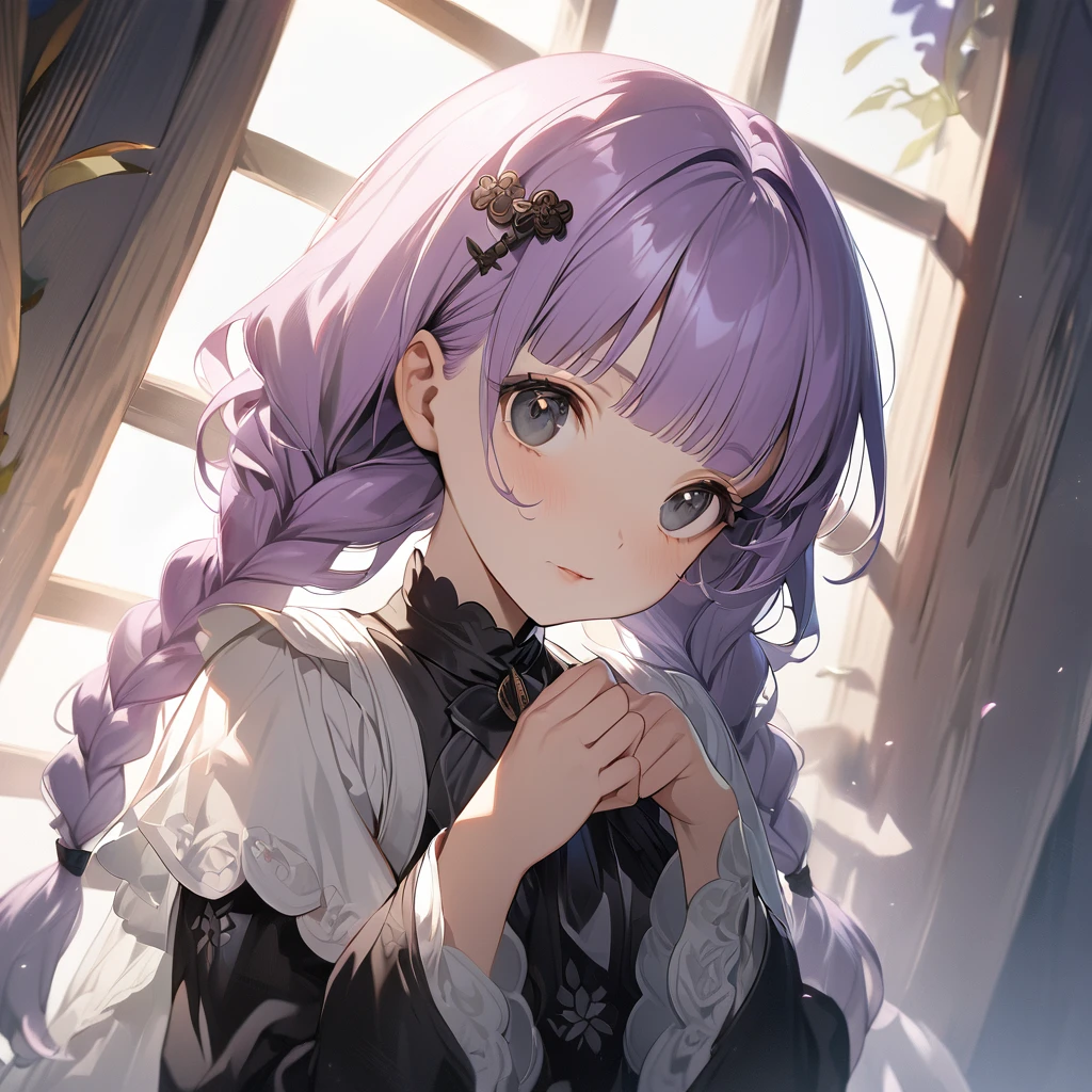 (Cute a girl:1.5), (a girl with closs hair pin, pale purple hair, wavy two braids, blunt bangs hair, green and black eyes:1.4), anime visual, (tilt head:1.3), realistic lighting and shading, (an extremely delicate and beautiful art:1.3), (from front:1.1),The girl puts both hands on her head and poses with three fingers up, cowboy shot.