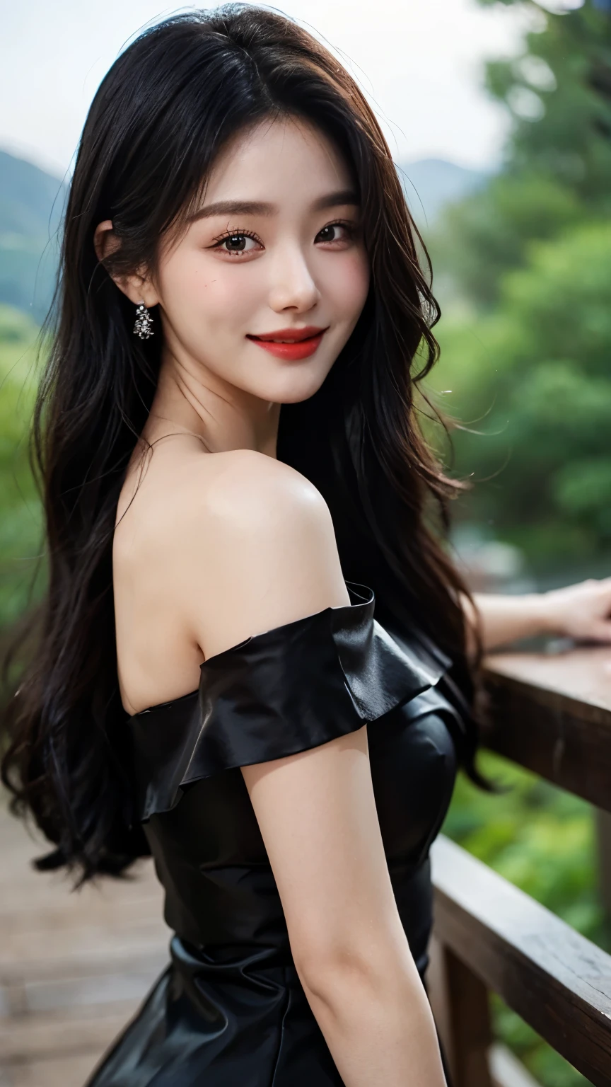 A sweet girl by the moutain，voluminous hair，Delicate face，Photorealsitic，of a real，largeaperture，wears a black dress，A cropped dress，Off-the-shoulder，A dress around the neck，Slim，smiles，Ultra-high resolution, Blurred background