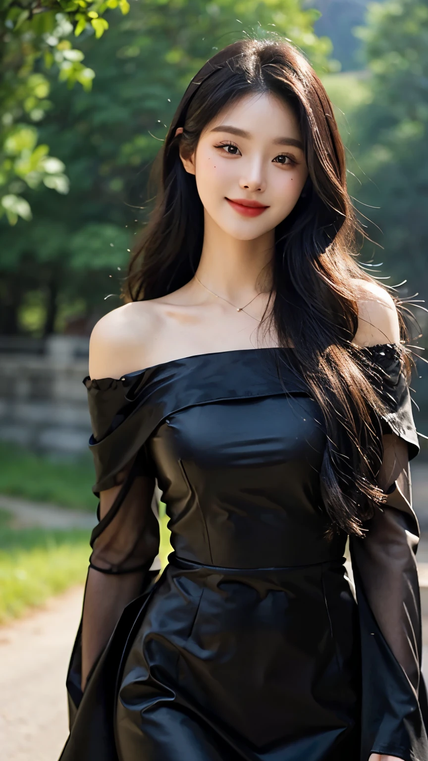 A sweet girl by the moutain,voluminous hair,Delicate face,Photorealsitic,of a real,largeaperture,wears a black dress,A cropped dress,Off-the-shoulder,A dress around the neck,Slim,smiles,Ultra-high resolution, Blurred background