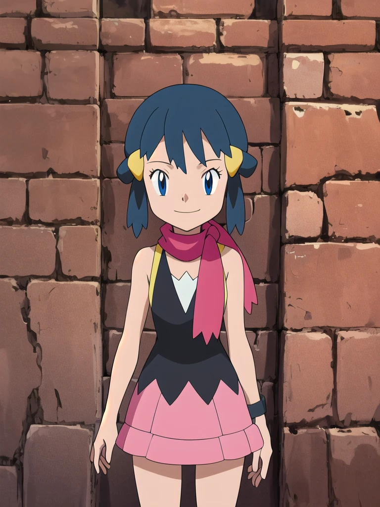 masterpiece, Highest quality, High resolution, One girl, alone, dawn (Pokemon), Pink scarf, Black Shirt, Pink Skirt, Have, Outdoor, Bare shoulders,smile