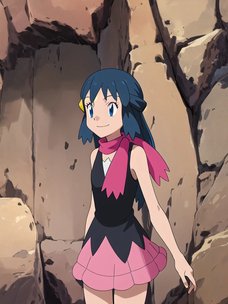 masterpiece, Highest quality, High resolution, One girl, alone, dawn (Pokemon), Pink scarf, Black Shirt, Pink Skirt, Have, Outdoor, Bare shoulders,smile