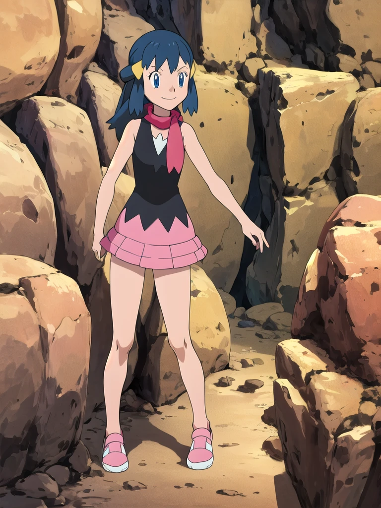 masterpiece, Highest quality, High resolution, One girl, alone, dawn (Pokemon), Pink scarf, Black Shirt, Pink Skirt, Have, Outdoor, Bare shoulders,smile