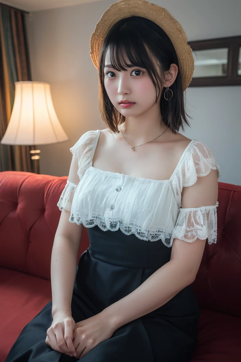 (Highest quality:1.4)，(masterpiece:1.4)，(Realistic:1.4)，(Realistic:1.2)，(超High resolution， RAW Photos:1.4)，(High resolution， Ultra-detailed:1.2)，(8k:1.2)，View your viewers，Cinematic photography，One girl，skeletally correct，Black-haired woman，(Small earrings，necklace，Neat dress，Straw hat)，（Western-style building interior，Dimly lit room，The lamplight shines on my cheeks，Sit on the sofa）