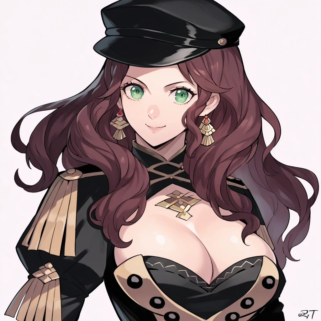 score_9, score_8_up, score_7_up, source_anime, Dorothea (Fire Emblem), black headwear, black skirt, (black long-sleeve uniform), brown hair, dangle earrings, gold trim, green eyes, jewelry, large breasts, long hair, black peaked cap, black hat, looking at the viewer, smile, closed mouth, hands on hips