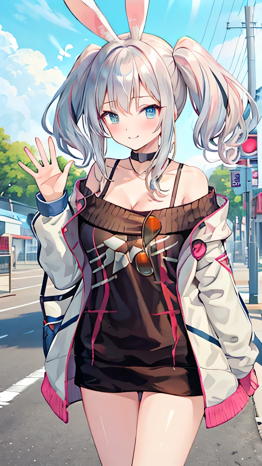 silver hair, hair behind ear, hair two side up, rabbit ears, shy, ray tracing, masterpiece, accurate, textured skin, high quality, high details, best quality, super detail, Japanese high school girl, casual clothes, holiday walk, waving, Heart symbols, hearts flying