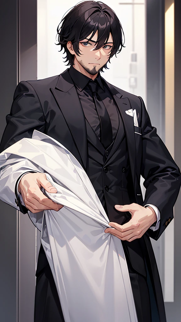 male、32 years old、less beard、Tired face、Glaring eyes、Long bangs、7:3 parting、Shot from the thigh up、Are standing、looking at the camera、Black suit、Businessman、Plain background