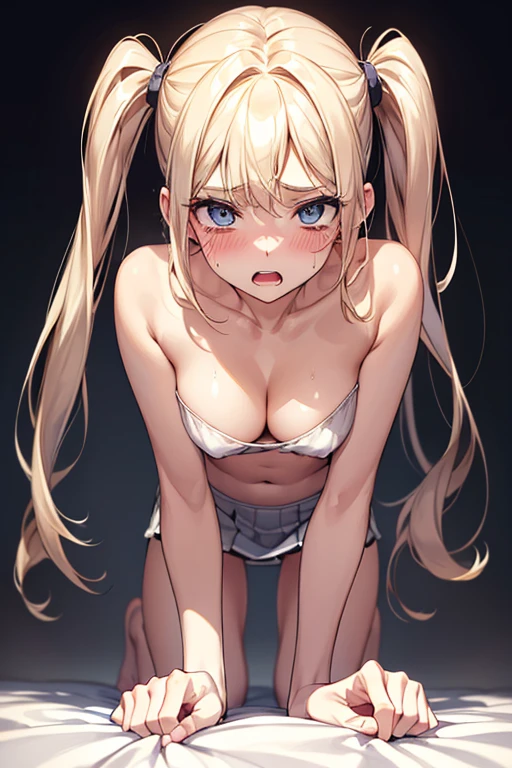 nsfw,(Petite),(boy),blonde low twintails,lips,T-Shirts,On all fours,Front pose,Sweat,White Breath,Viewers from the front,See-through nipples