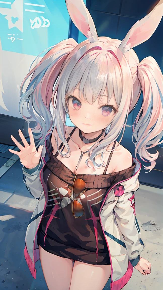 silver hair, hair behind ear, hair two side up, rabbit ears, shy, ray tracing, masterpiece, accurate, textured skin, high quality, high details, best quality, super detail, Japanese high school girl, casual clothes, holiday walk, waving, Heart symbols, from above