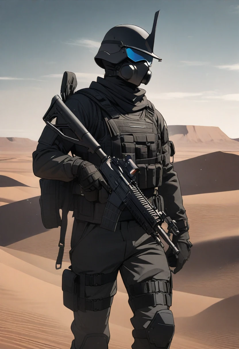 Modern male soldier, solo, black armor, black helmet and mask, black long boots, desert, black clothes, thin waist, black accessories, black everything, red glasses 