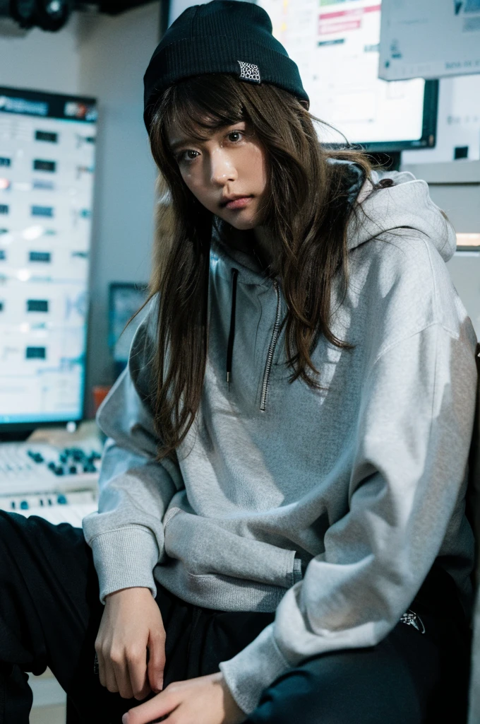 modern day rapper wearing alternative style clothing with a Beanie and zip up hoodie inside of a Music studio
