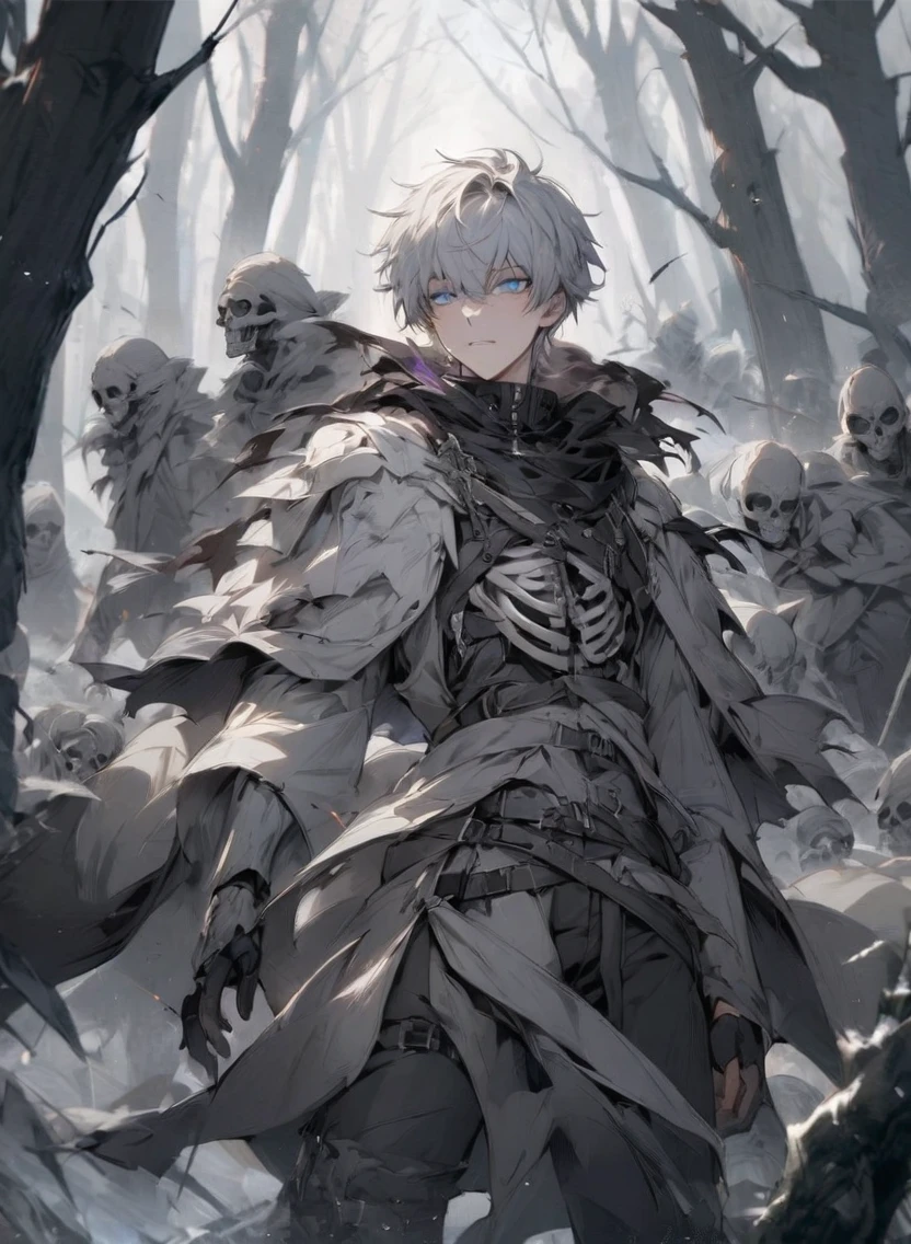young man ,Male Dark, dark Woods, cold gray colors, man white hair with blue eye, Warlock dnd , Skeleton army in background
