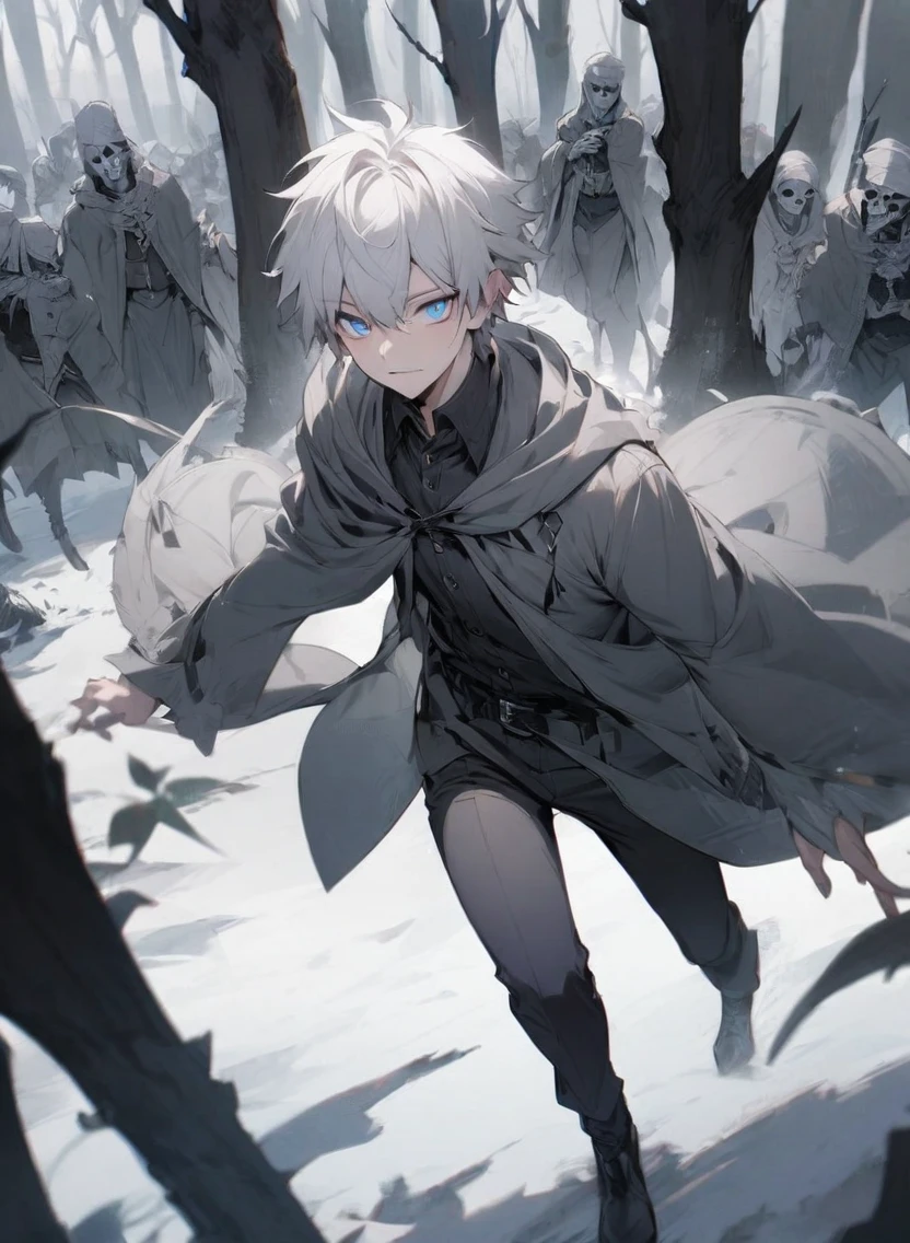 young man ,Male Dark, dark Woods, cold colors, man white hair with blue eye, Warlock dnd , Skeleton army in background