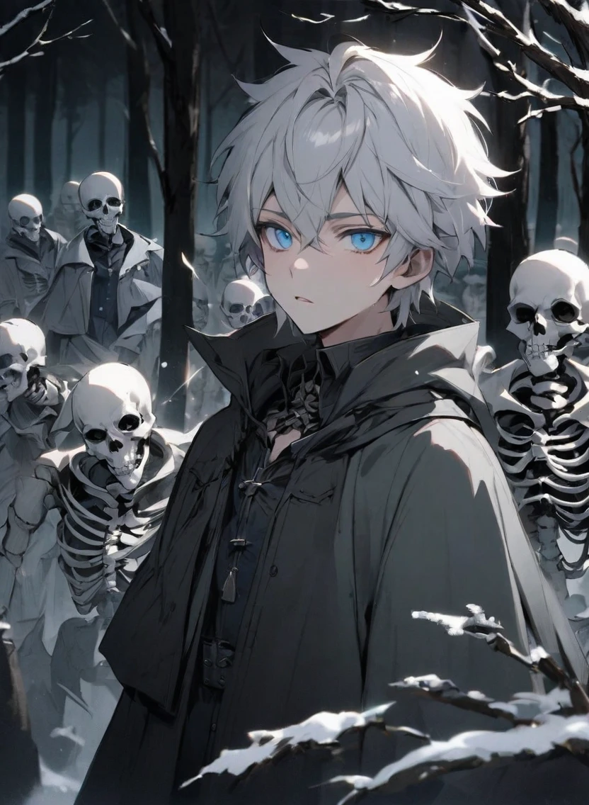 young man ,Male Dark, dark Woods, cold gray colors, man white hair with blue eye, Warlock dnd , Skeleton army in background