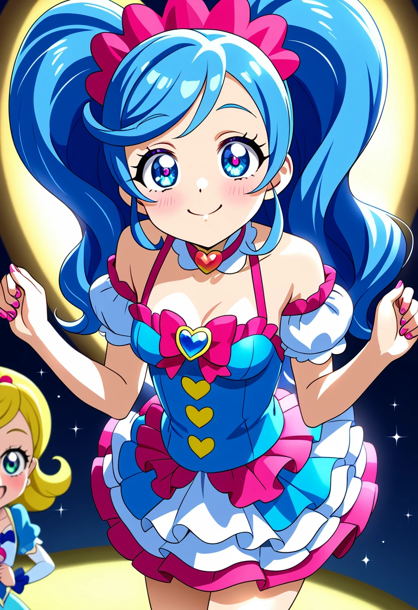 ((Highest quality)), ((masterpiece)), (be familiar with), Perfect Face, Big eyes, Drooping eyes, eyelash, The sparkling light of the eyes , (precure), (Aikatsu!), ****ta dress, (mini skirt), big breasts, smile, closed mouth