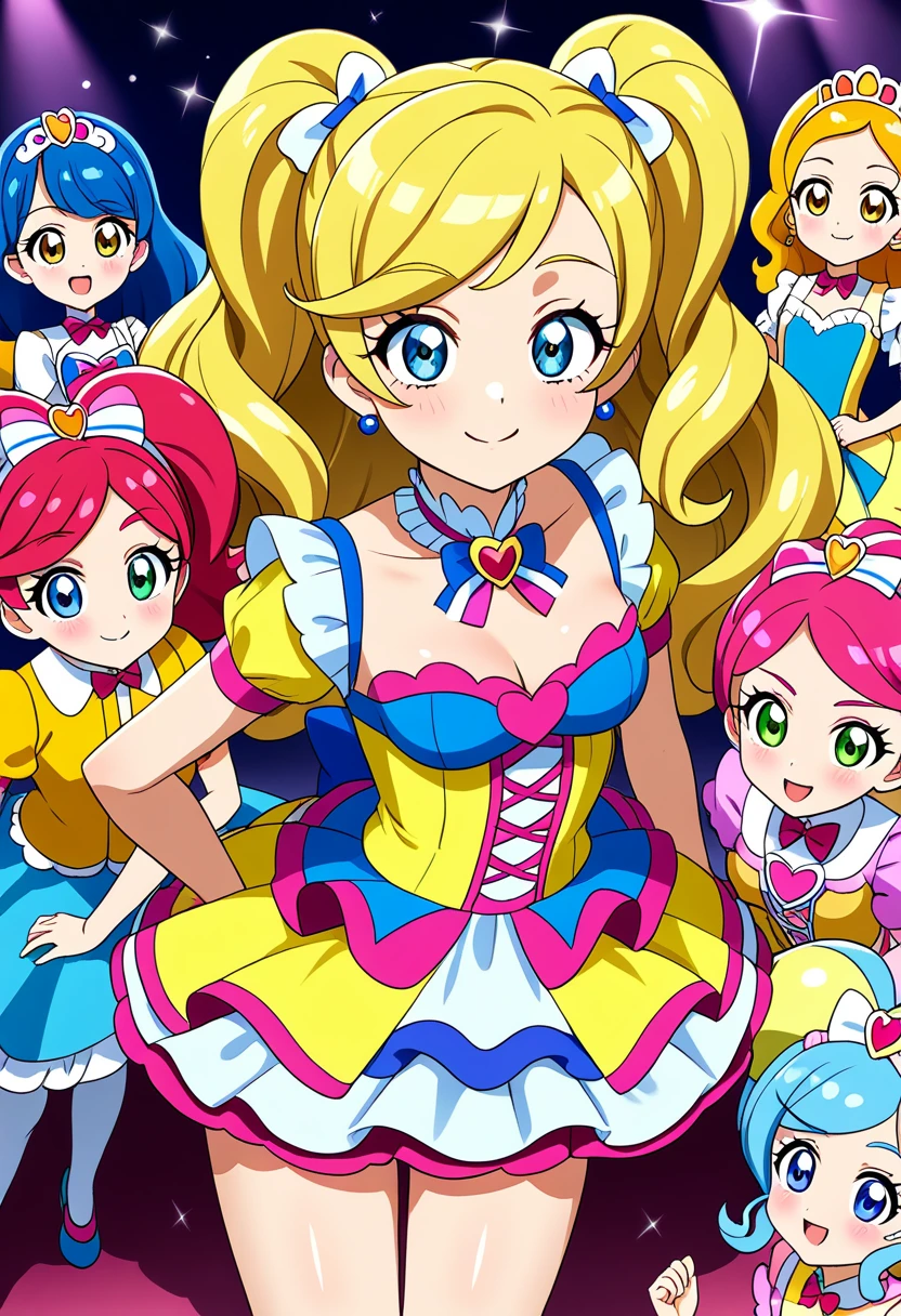 ((Highest quality)), ((masterpiece)), (be familiar with), Perfect Face, Big eyes, Drooping eyes, eyelash, The sparkling light of the eyes , (precure), (Aikatsu!), ****ta dress, (mini skirt), big breasts, smile, closed mouth