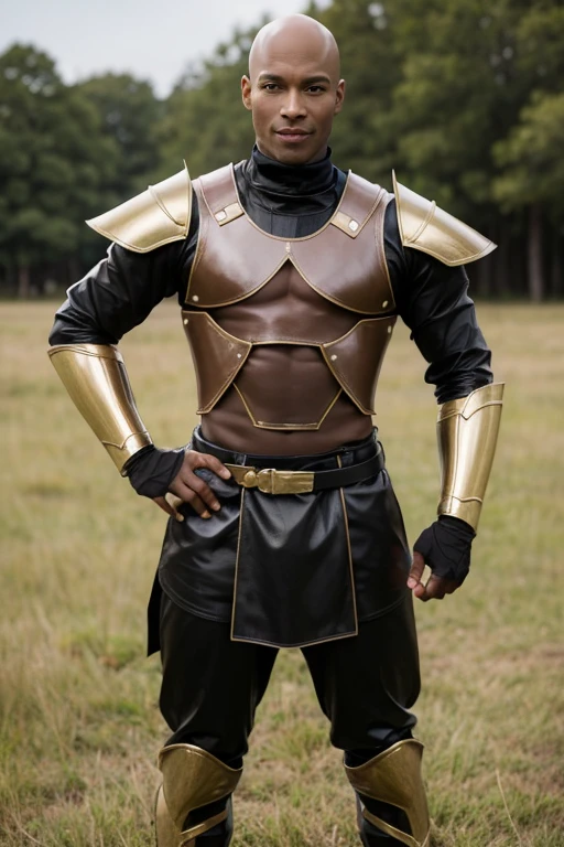 Tall black male ranger，He has no hair，Is bald。He wore brown leather armor.，No metallic color，Standing on the vast grassland，Hands on hips。Just smile，It would be better if you have a bow and arrow