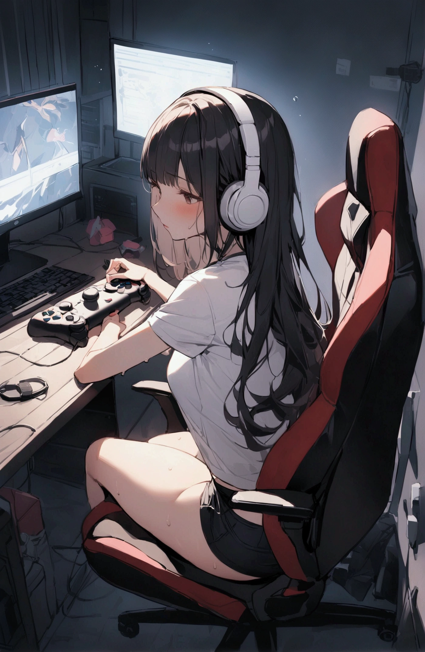 One Woman、beautiful girl、Sit on a chair、Dark Room、computer、Sit in a gaming chair、High-end headphones、Grip the game controller、Operate the controller、Sweets on the desk、computerに向き合う、beautiful girl, Highest quality, T-Shirts、Short skirt、Thick thighs、Big 、Big Ass、Black Hair、long hair、Bangs、Sweaty body、I'm sweating all over、Lewd sound effects、Stripes々Panties、Looking at the monitor
