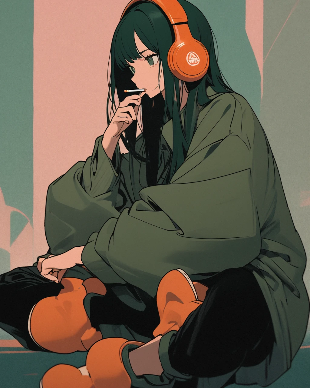 "A digital illustration of a young woman with shoulder-length, dark green hair wearing large, orange headphones. She is sitting in a crouched position, wearing an oversized green jacket, dark pants, and chunky shoes. She has a calm, pensive expression and is holding a cigarette in her mouth. The background is a solid, muted peach color