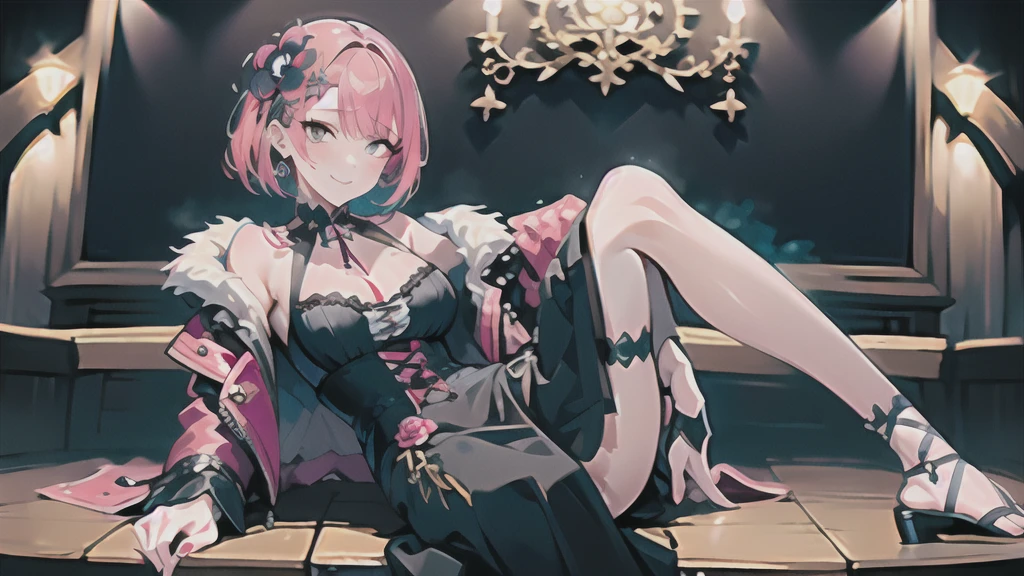 A masterpiece of artistic excellence, this illustration is of the highest quality and resolution. The image depicts a young woman with pink hair and grey eyes, her hair cut short and decorated with a single flower. She wears a gothic-inspired dress, and her breasts are small in size. The woman gives a sweet wink, adding to her allure.
