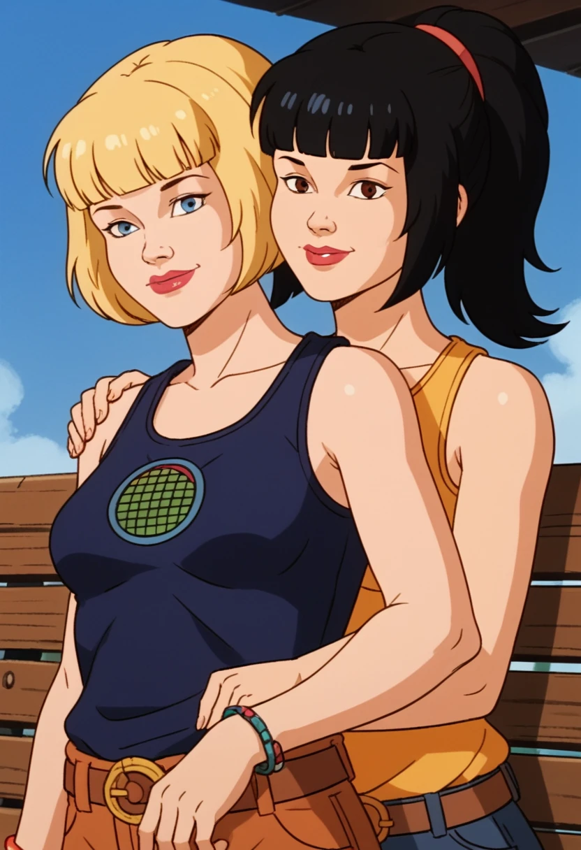 score_9, score_8, score_7, score_8_up, score_7_up, score_6_up, 2girls, (((xgix,black hair,bob cut,blunt bangs,brown eyes,lipstick,bracelet, tank top, belt, small breasts))), (((xlinkax, blonde hair, ponytail, blue eyes, medium breasts, tank top))),   standing, by wooden bench, light smile, front view , sunshine, hugging, looking on viewer, upper body, portrait,