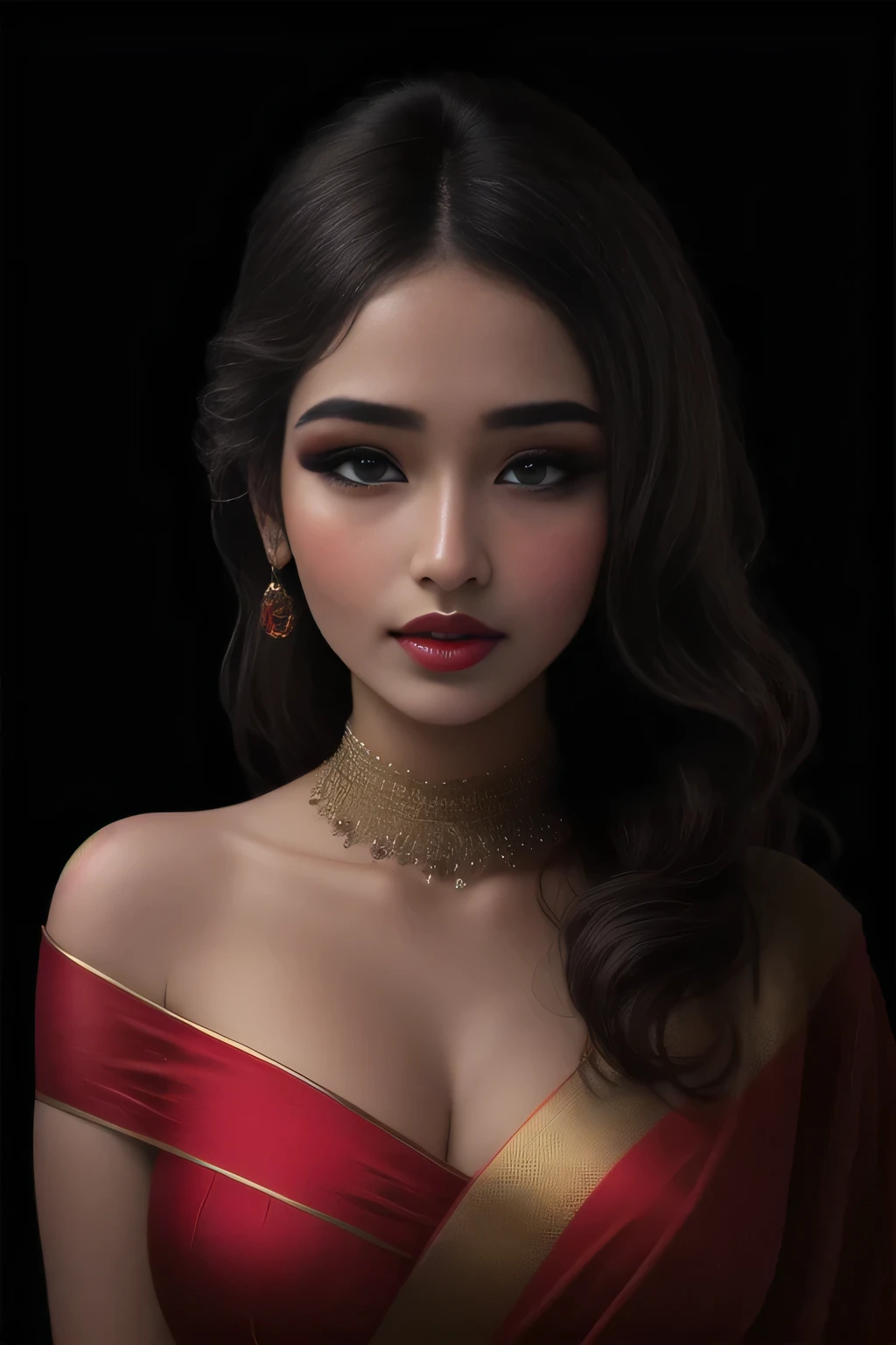 (best quality,4k,8k,highres,masterpiece:1.2),ultra-detailed,(realistic,photorealistic,photo-realistic:1.37),sexy woman,dark hair cascading down her shoulders,well-defined eyebrows,intense smoky eye makeup,rosy cheeks accentuated with blush,deep red lipstick,alluring blue saree draped gracefully,luscious curves highlighted by a low-waist saree,dramatically pinned against the wall,her seductive gaze piercing through the viewer,blushing intensely,preparing for a passionate kiss.