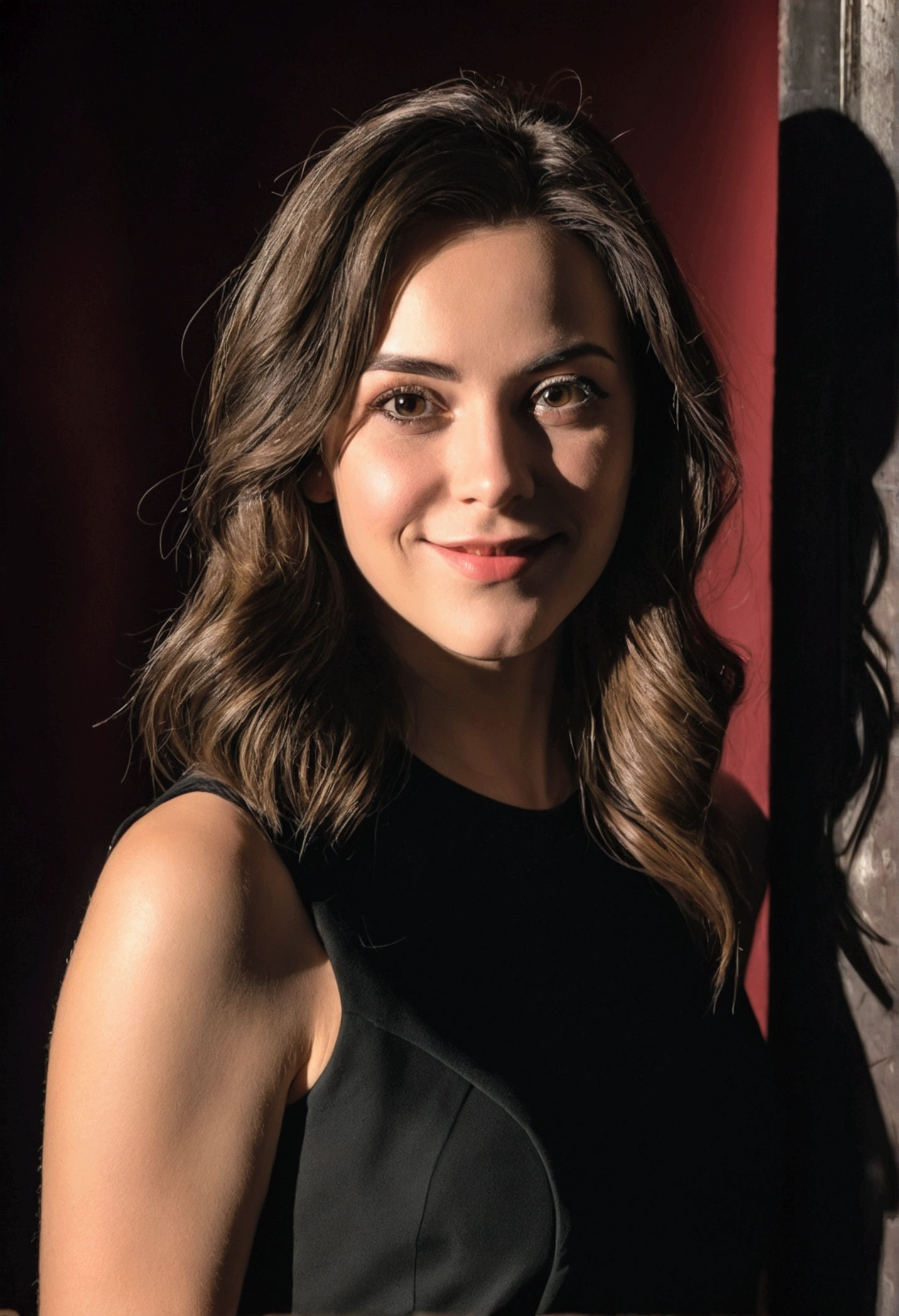 photo brute, visage portrait photo d'a beautiful 26 year old.oh woman, visage mignon, wearing a black dress, happy face, harsh shadows, Cinematographic shooting, Dramatic lighting